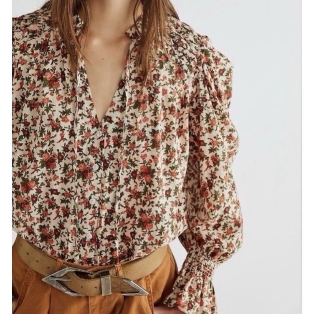 Free People Puff Sleeve Button Front Blouse Womens Medium Floral Cottagecore